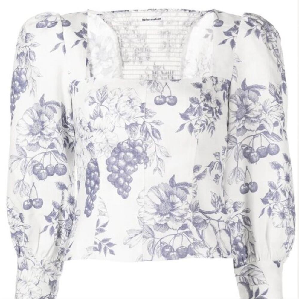 Reformation Stilton Linen Top Blue Toile Floral Long Sleeve Square Neck Size 2